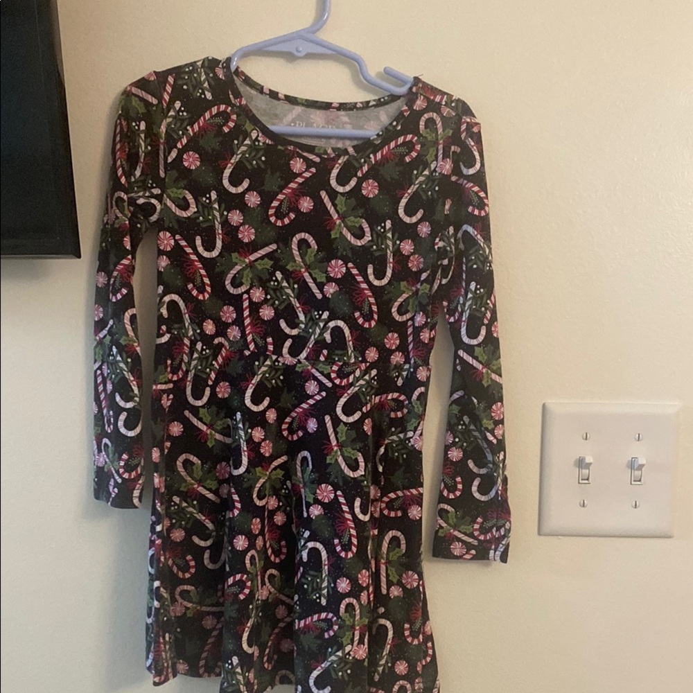 Floral and Candy Cane Kids Dress - Black and Pink